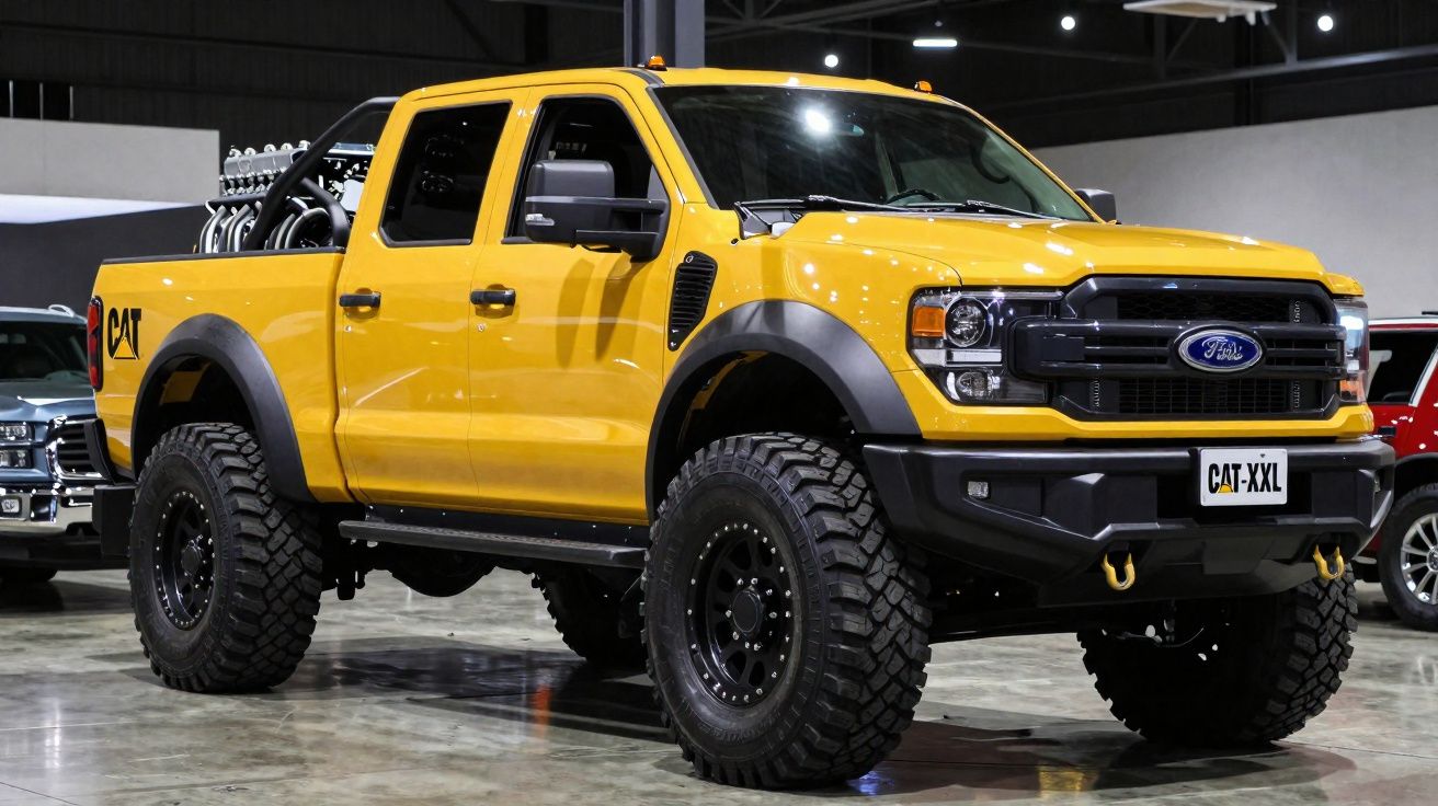 Pick-up Ford F-250 amarela, com pneus off-road grandes, mostrada num ambiente interior iluminado.