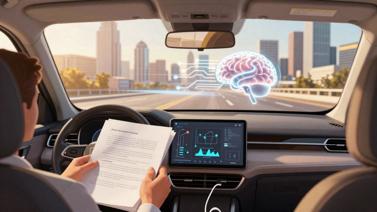 Pessoa sentada no banco do motorista de carro autónomo, a ler documentos com interface digital e cérebro holográfico.