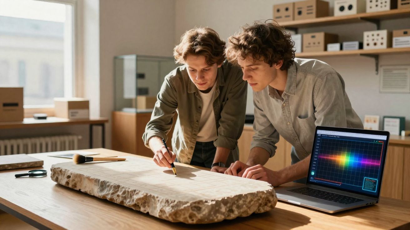 Dois jovens analisam um mapa gravado numa pedra, com um computador portátil ao lado numa sala luminosa.