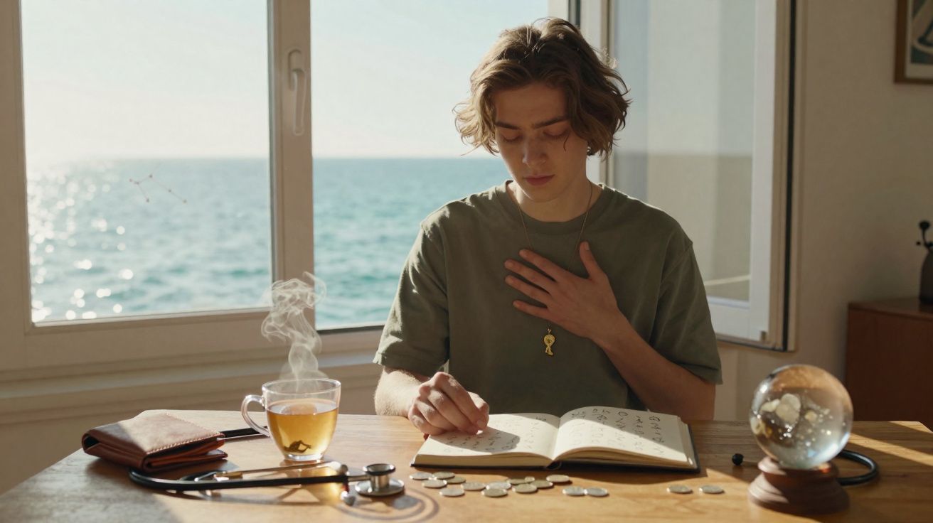 Jovem sentado à mesa a ler um livro, com chá, moedas, estetoscópio e uma bola de cristal à sua frente, junto à janela com vis