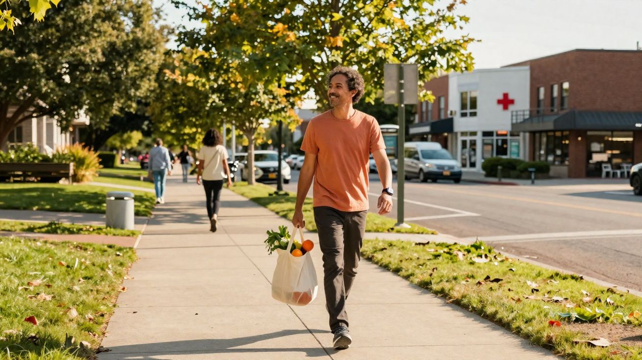 Homem a sorrir a caminhar numa calçada urbana com saco de compras reutilizável ao fim da tarde.