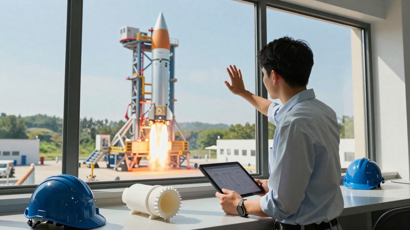 Homem observa lançamento de foguetão através de janela, segurando tablet, com capacetes azuis na mesa.