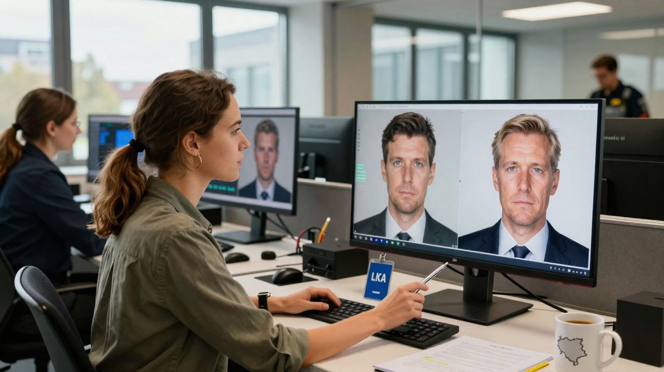 Mulher analisa imagens de identificação de dois homens numa secretária com computadores num escritório moderno.