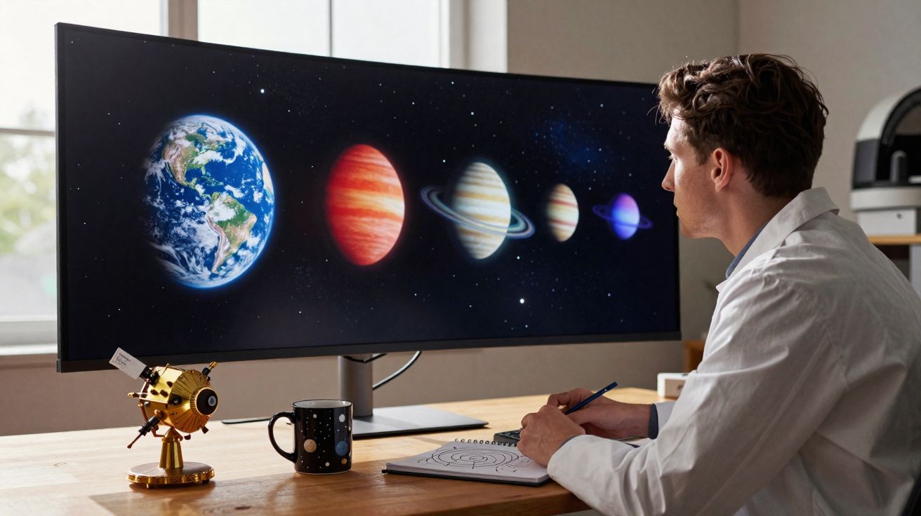 Homem em bata branca estuda planetas do sistema solar num ecrã grande enquanto faz anotações.