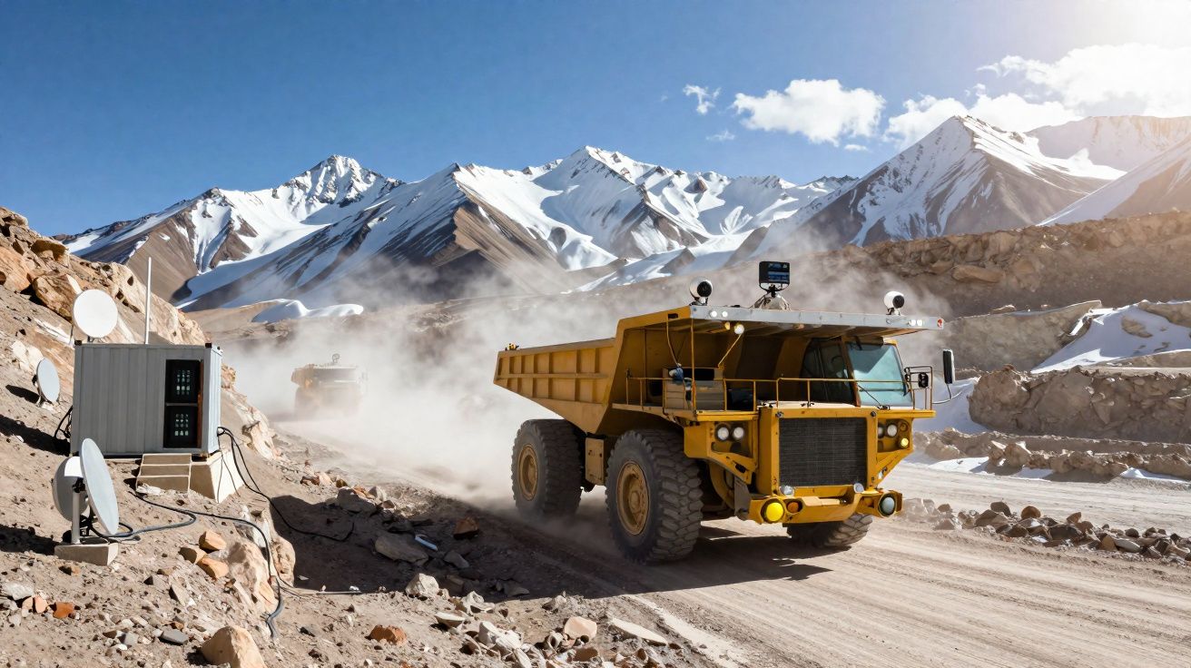 Caminhão de mineração amarelo em estrada de terra com montanhas nevadas ao fundo e céu azul.