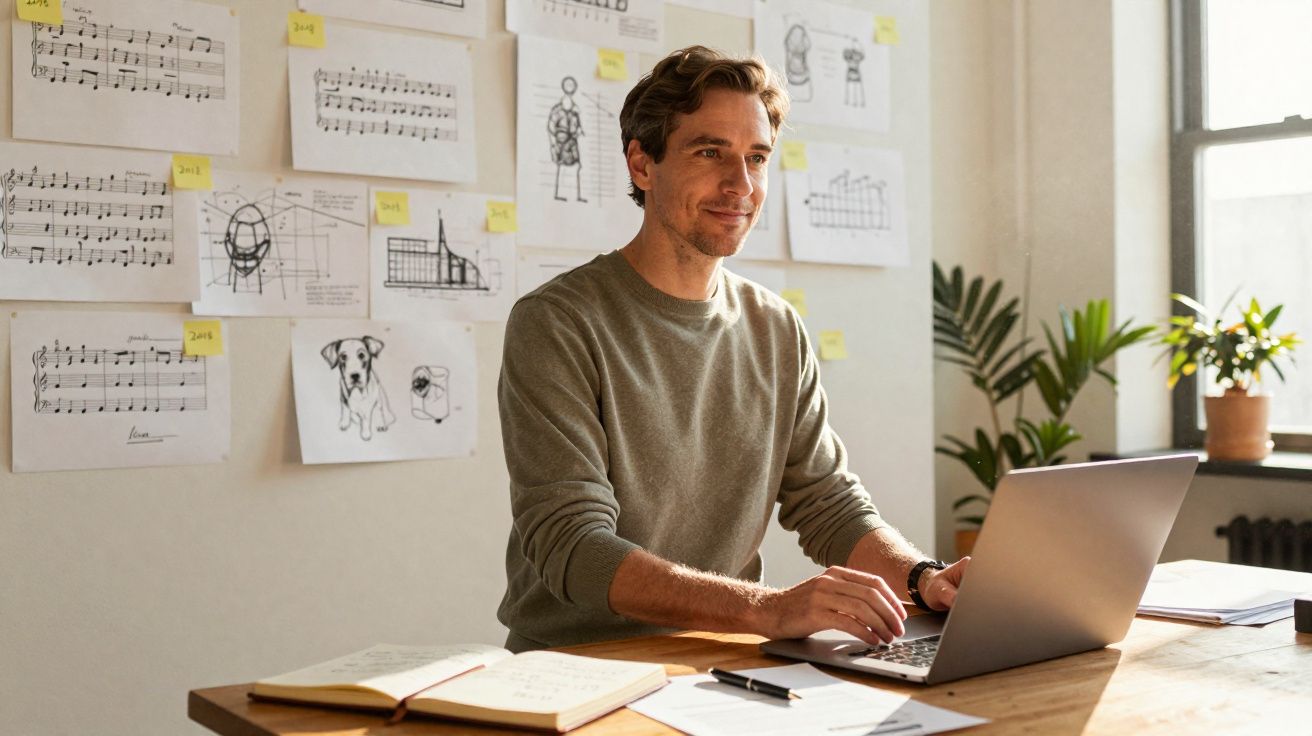 Homem sentado a trabalhar num portátil numa mesa com notas e desenhos colados na parede.