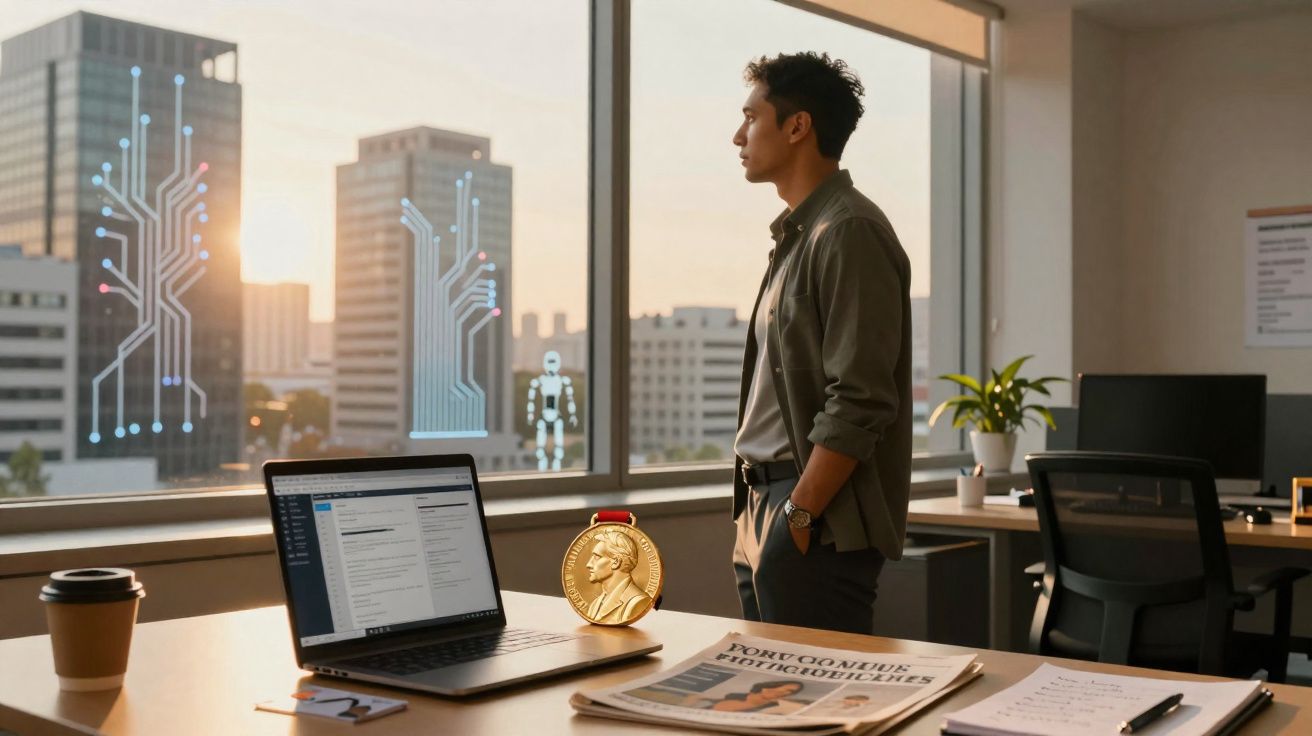 Homem jovem em escritório moderno a olhar para a cidade ao pôr do sol, com laptop e medalha Nobel na secretária.
