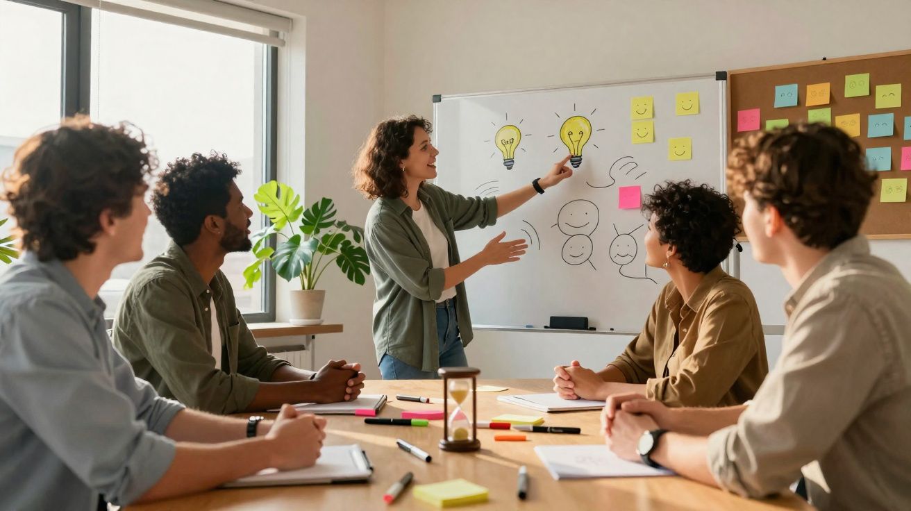 Pessoa a apresentar ideias numa reunião criativa com quatro colegas atentos numa sala iluminada.