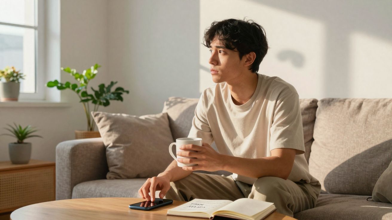 Homem sentado no sofá com caneca, olhando pela janela, perto de mesa com caderno e telemóvel.