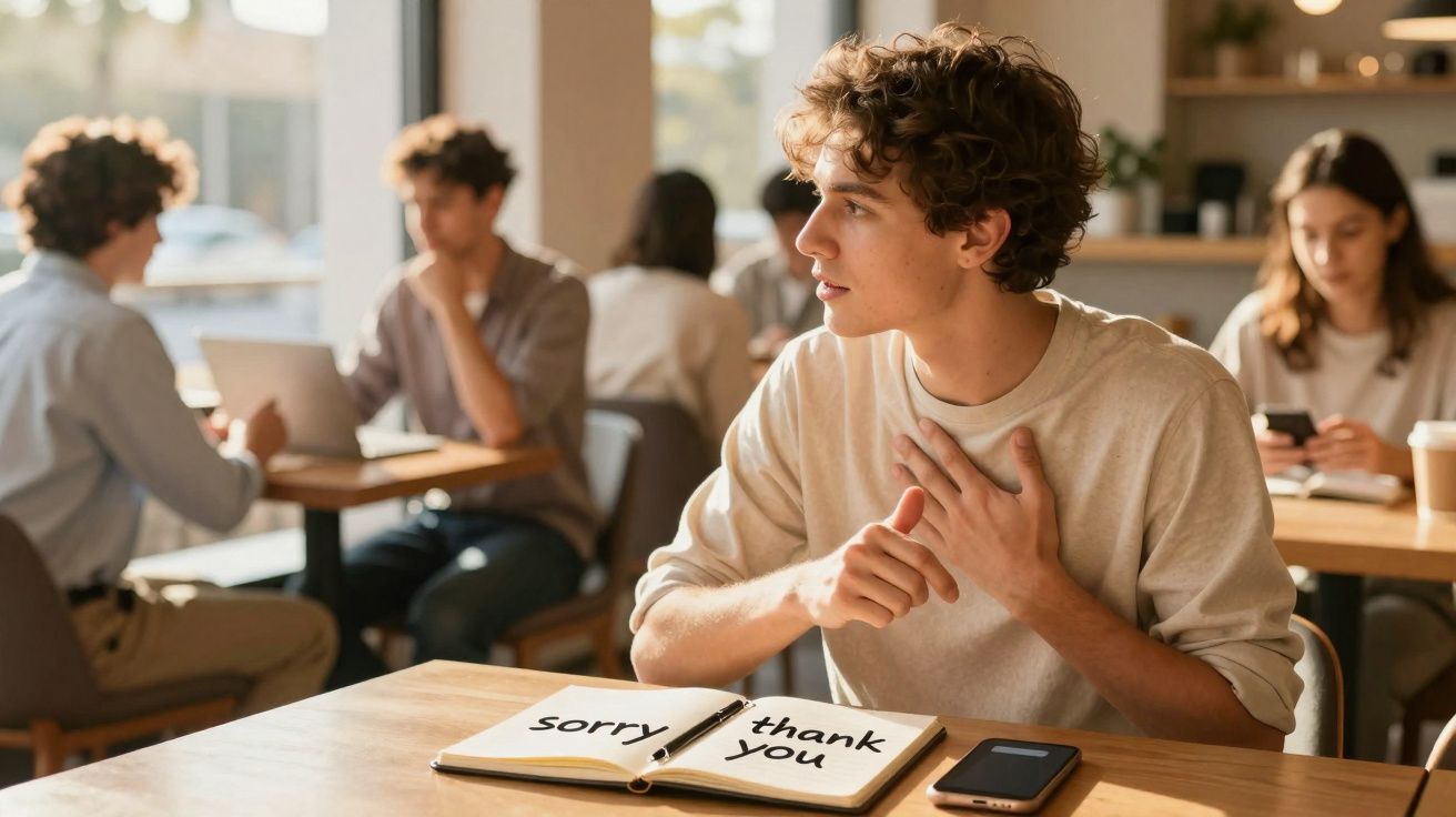 Jovem sentado numa mesa com caderno aberto onde se lê "sorry" e "thank you", expressando emoção.