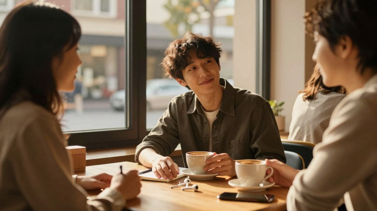 Três pessoas conversam e tomam café numa mesa de madeira numa cafeteria com janela grande.