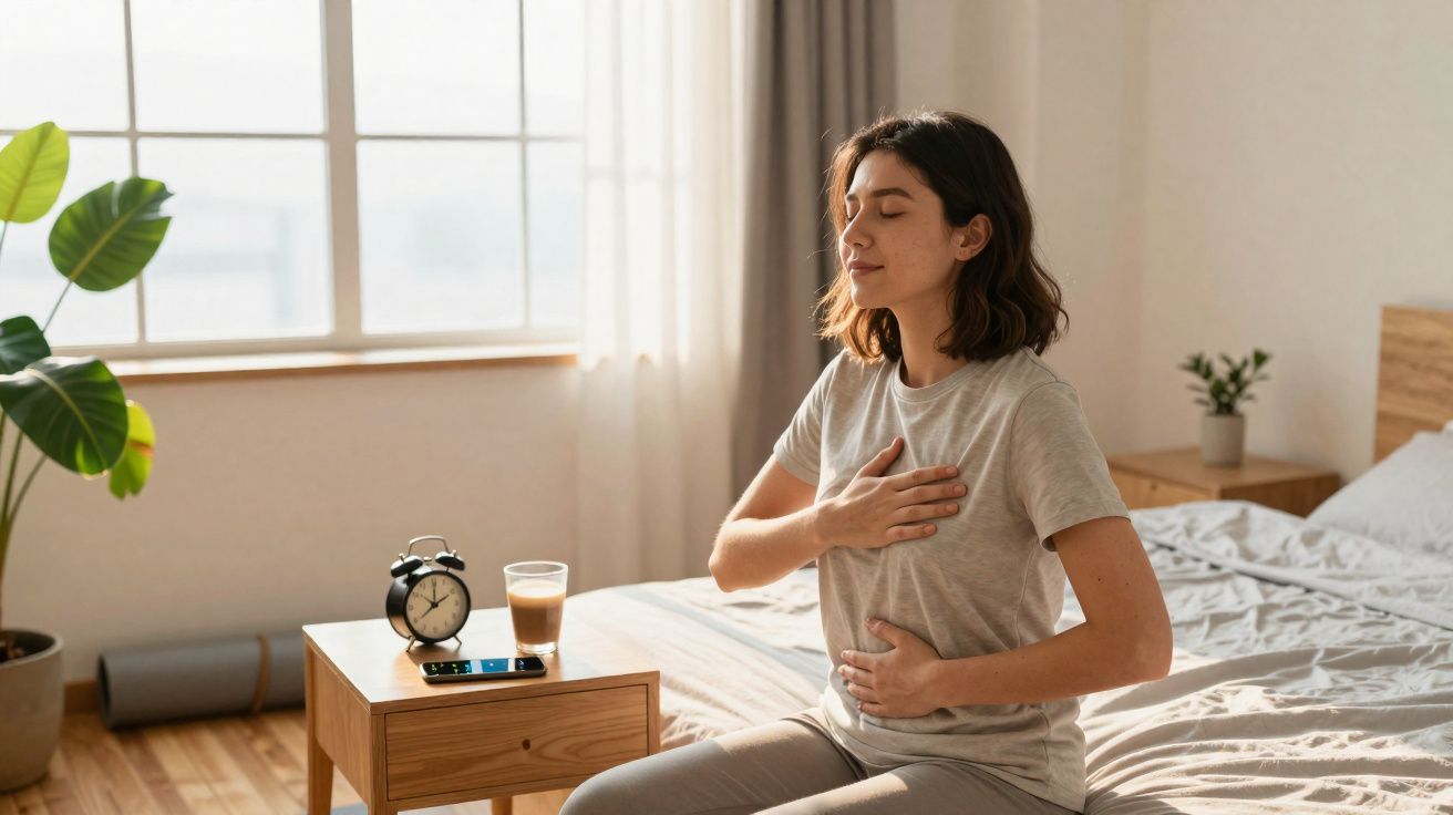 Mulher sentada na cama com olhos fechados e mãos no peito e estômago em quarto iluminado pela manhã.