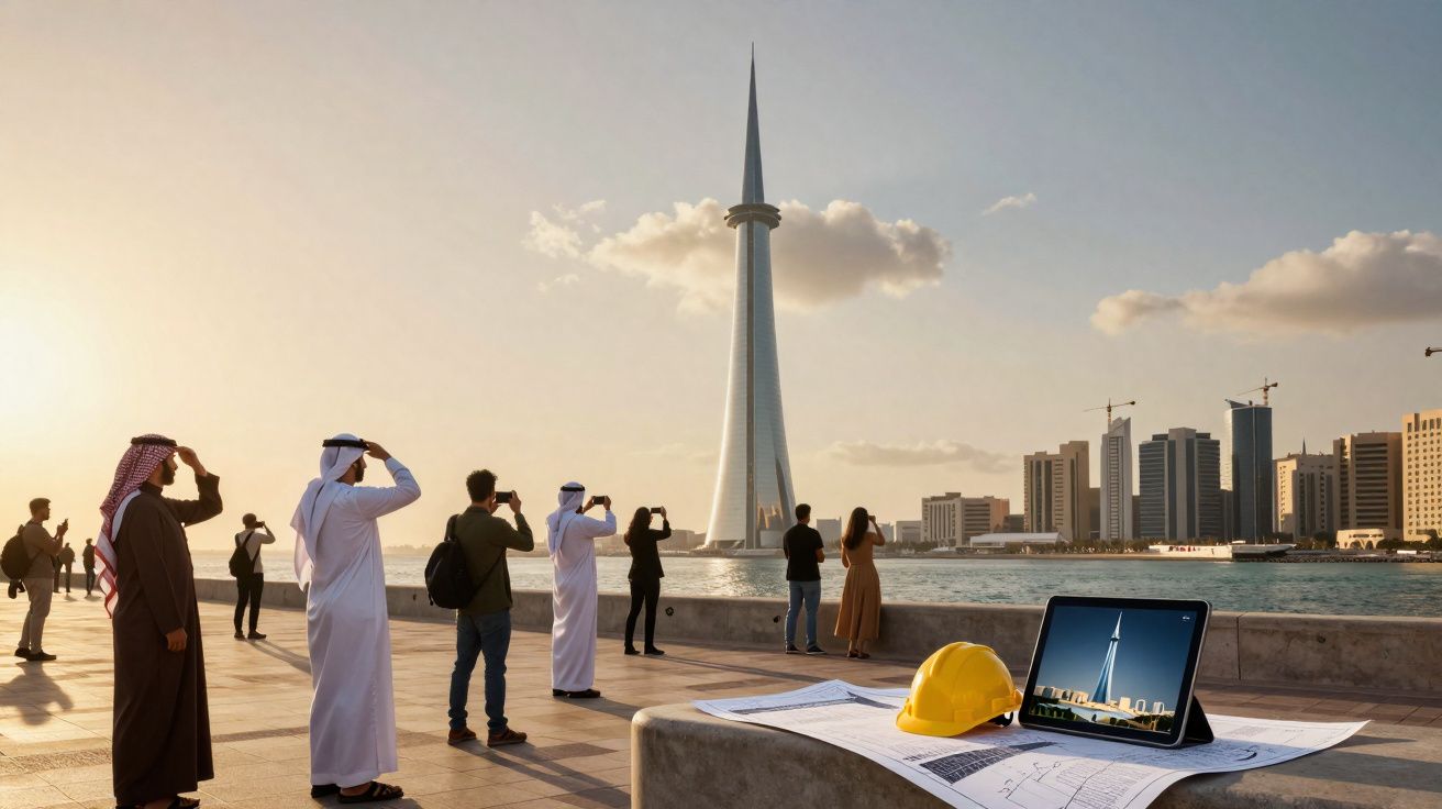Grupo de pessoas a observar e fotografar torre moderna durante pôr do sol em zona ribeirinha urbana.
