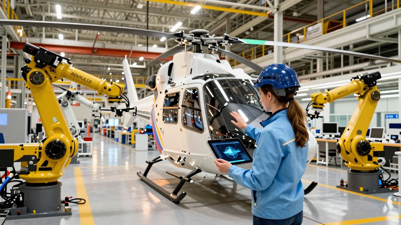 Mulher com capacete azul controla tablet em fábrica com robôs industriais e helicóptero branco.
