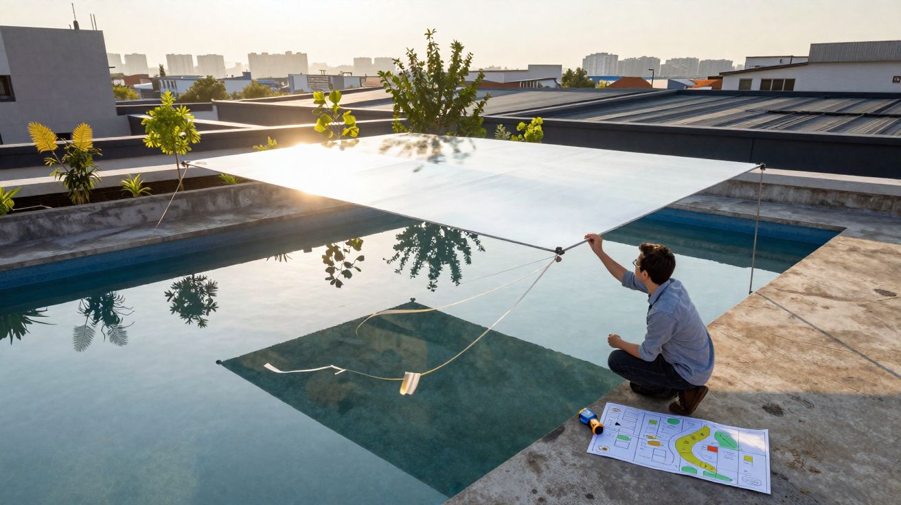 Homem ajusta cobertura para piscina na cobertura de um edifício ao pôr do sol, com plantas e plantas ao redor.