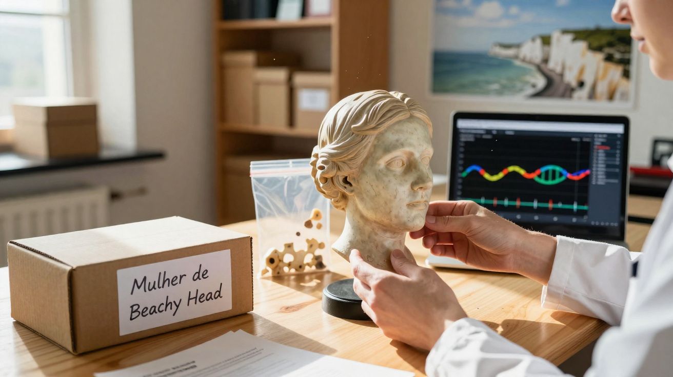 Pessoa a examinar busto clássico numa mesa com laptop, caixa e peças de madeira ao lado, em escritório iluminado.