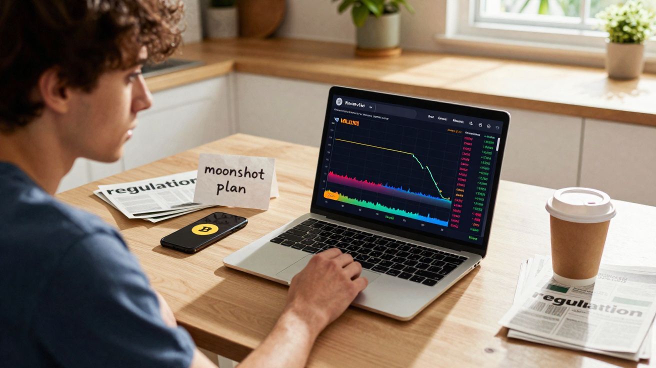 Pessoa jovem sentada à mesa a analisar gráfico financeiro em computador portátil com símbolos de bitcoin e papéis sobre regul