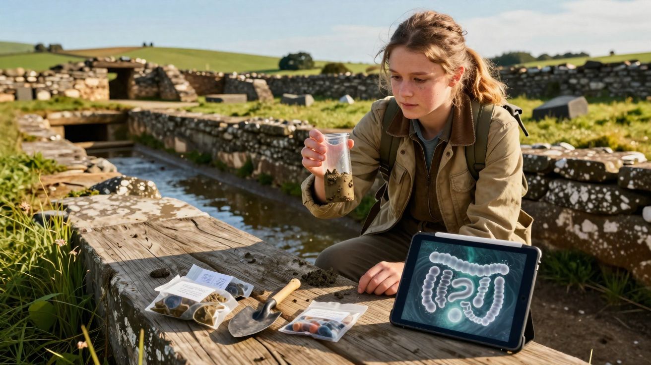 Jovem arqueóloga analisa amostra de solo junto a escavação arqueológica ao ar livre com tablet ao lado.
