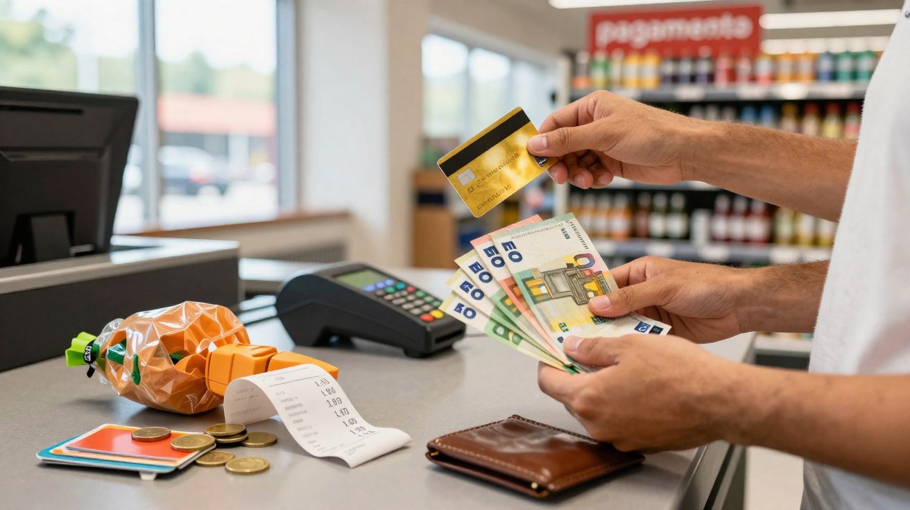 Pessoa a pagar com cartão de crédito e notas de euro numa caixa de supermercado.