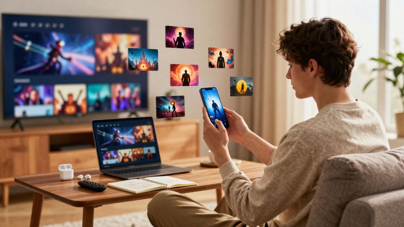 Jovem sentado no sofá usa smartphone, com laptop, TV e várias imagens digitais de filmes à sua frente.