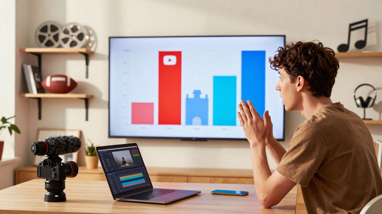 Jovem a analisar gráficos num ecrã, com câmara, laptop e telemóvel numa mesa de madeira.