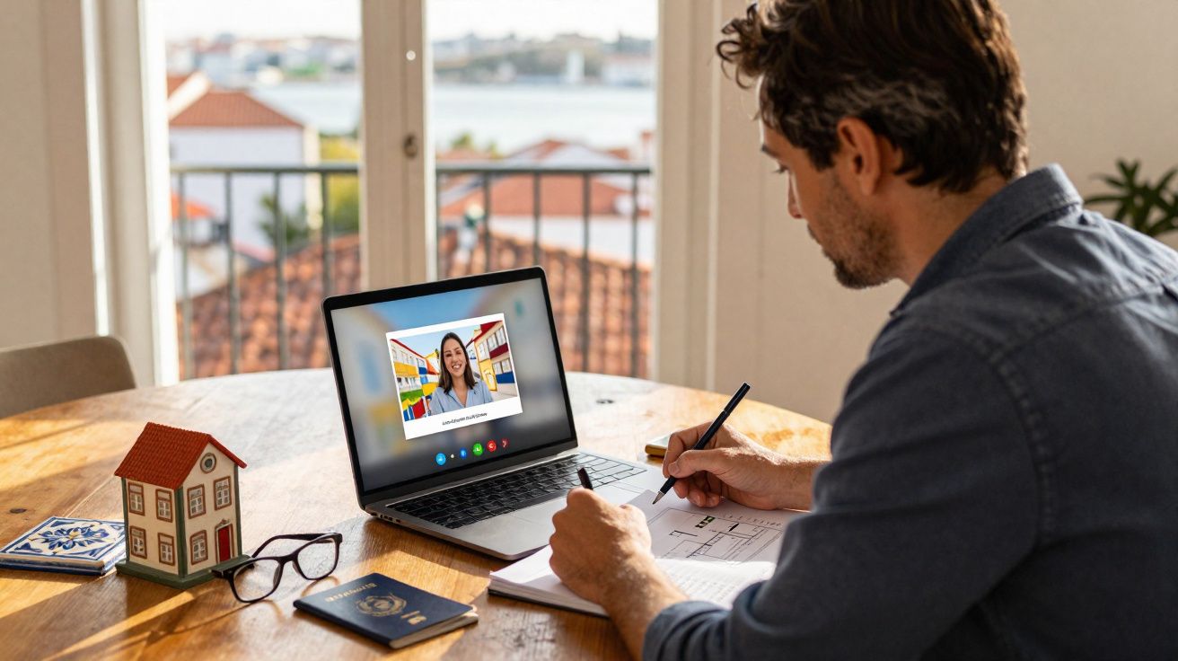 Homem a fazer videochamada no computador enquanto escreve numa folha numa mesa com maquete de casa e passaporte.