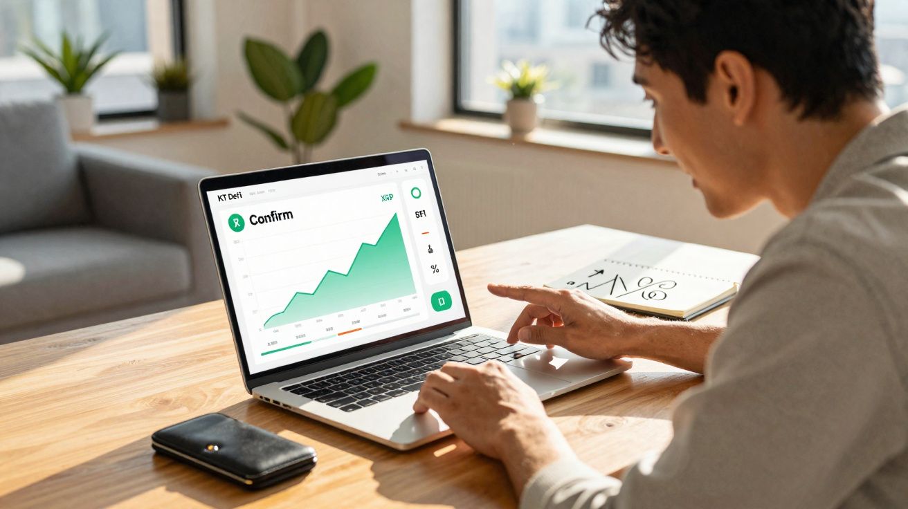 Pessoa a analisar gráfico de crescimento financeiro num computador portátil numa mesa de escritório.