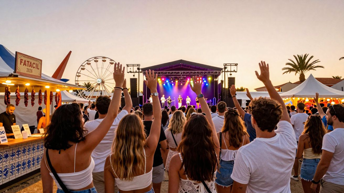 Pessoas de braços levantados num festival de música ao pôr do sol com roda-gigante e palmeiras ao fundo.