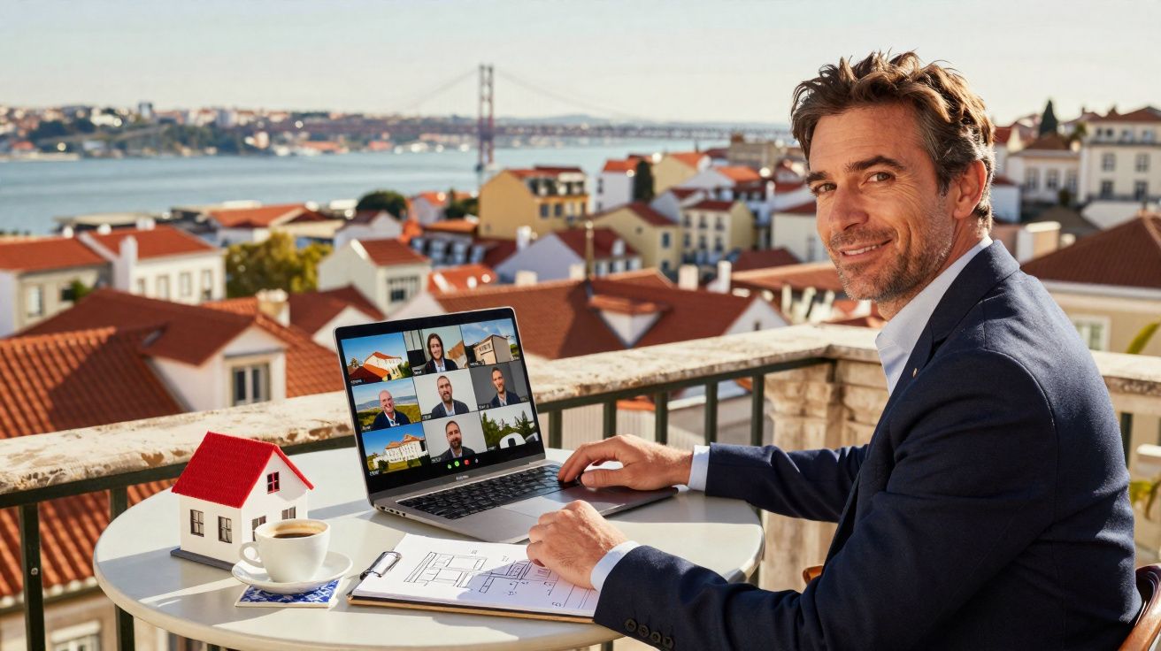 Homem em videoconferência num terraço com vista para casas e ponte, trabalhando com planta e miniatura de casa.
