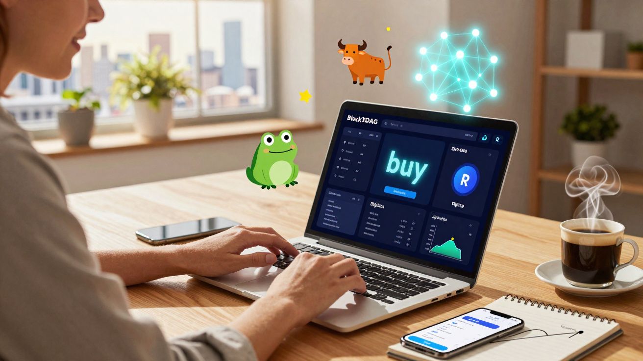 Pessoa a utilizar computador portátil com interface de compra e gráficos, com café e telemóvel numa mesa.