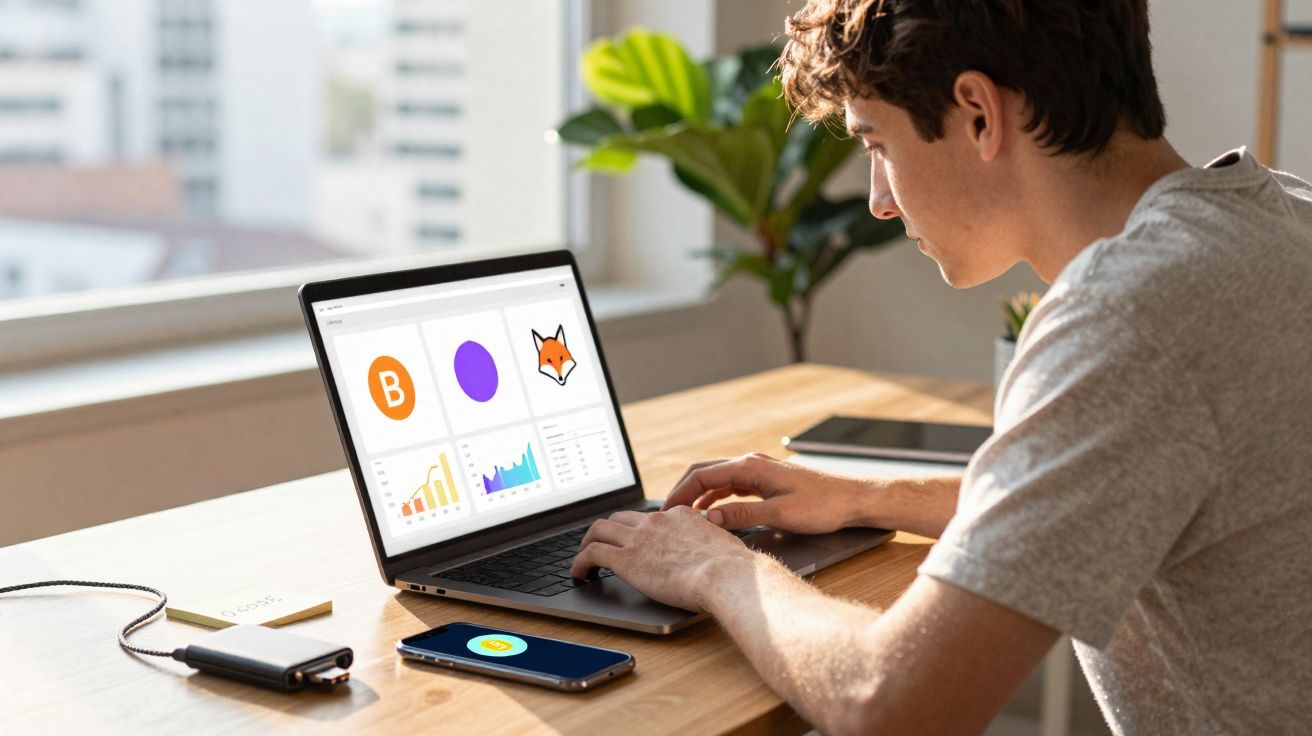 Jovem a usar computador portátil com gráficos e ícones na tela numa mesa com smartphone e disco externo.