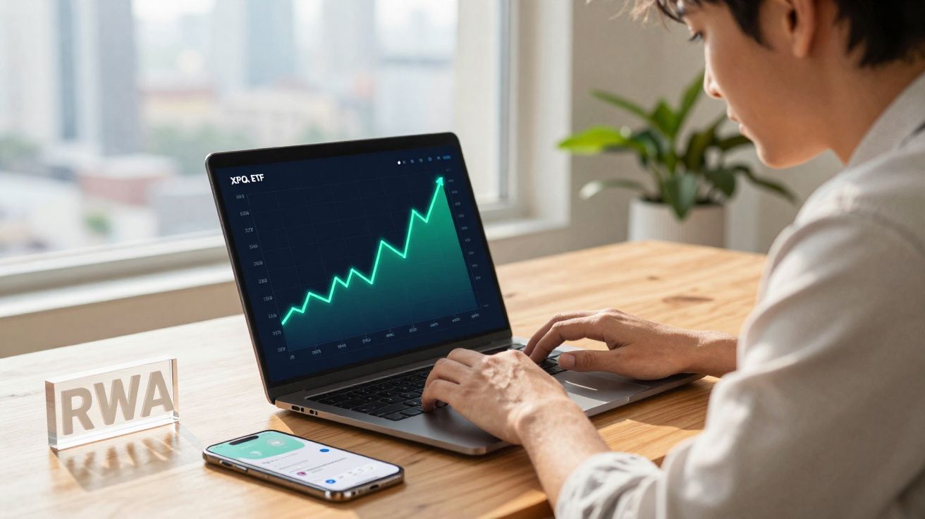 Pessoa a analisar gráfico financeiro em laptop numa secretária com telemóvel e objeto com letras RWA.