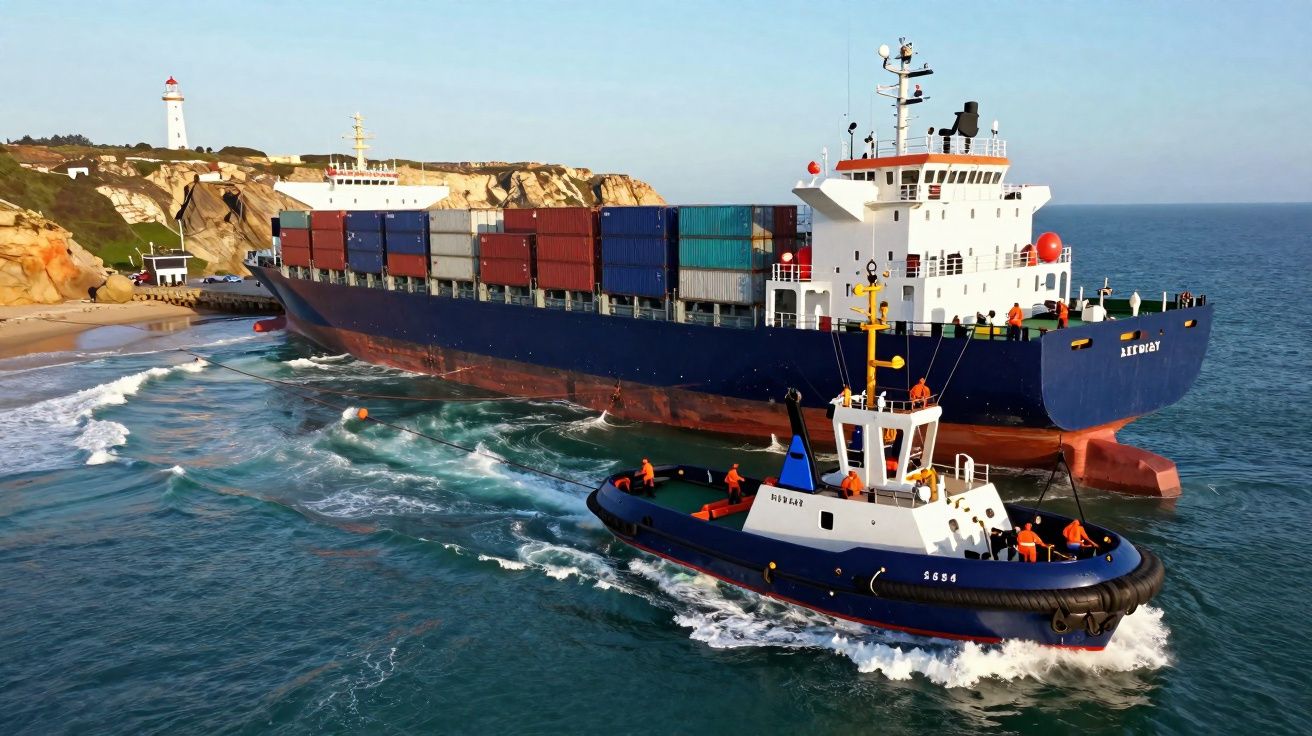 Navio cargueiro azul com contentores acompanhado por rebocador perto da costa com farol ao fundo.