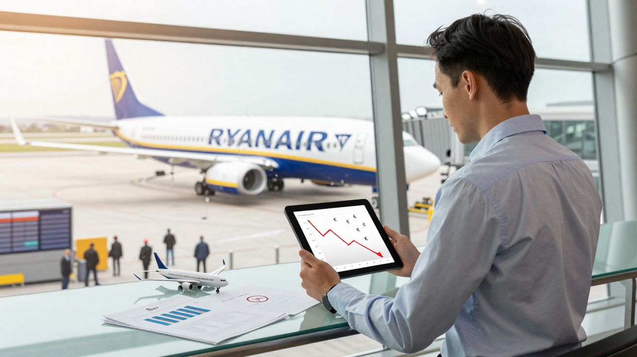 Homem numa janela de aeroporto a analisar gráfico num tablet, com avião Ryanair no fundo.