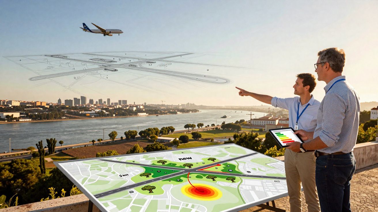 Dois homens analisam plano de voo digital junto a rio, enquanto avião sobrevoa cidade ao pôr do sol.