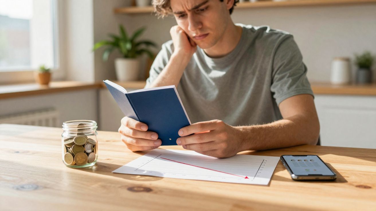 Jovem preocupado a ler documento junto a gráfico, jarro com moedas e smartphone numa mesa de madeira.