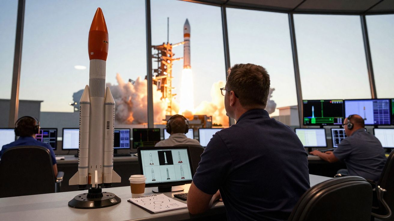 Equipa numa sala de controlo observa o lançamento de um foguetão através de uma grande janela.