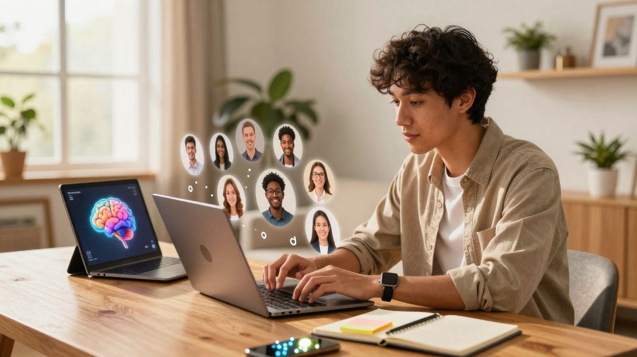 Jovem a trabalhar num portátil, participando numa videoconferência com várias pessoas em ambiente de escritório em casa.