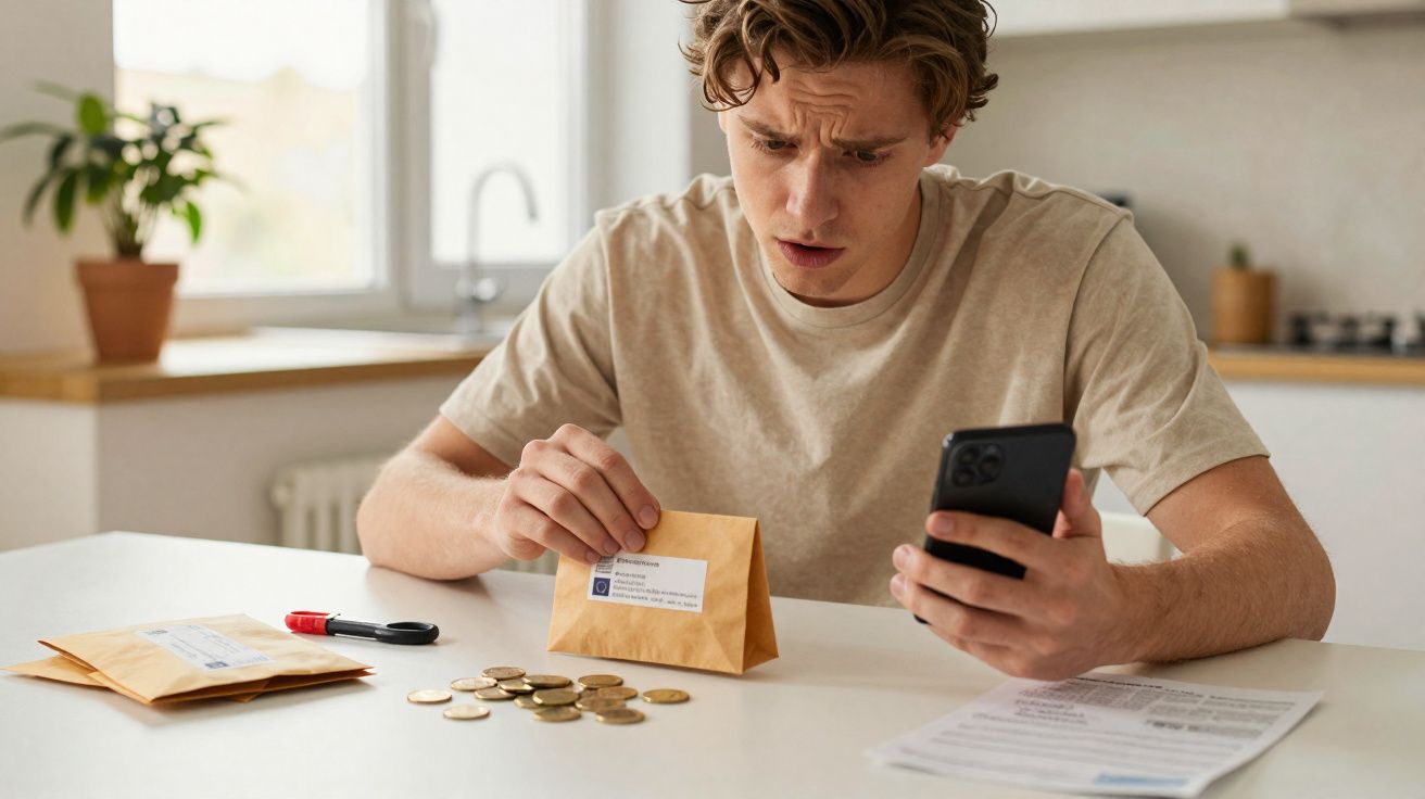 Homem preocupado a contar moedas e a consultar o telemóvel enquanto verifica uma conta na mesa da cozinha.