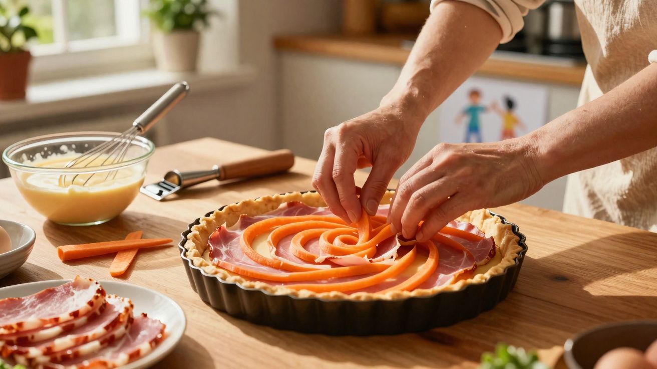Pessoa a decorar tarte salgada com fatias de cenoura em espiral numa cozinha iluminada.