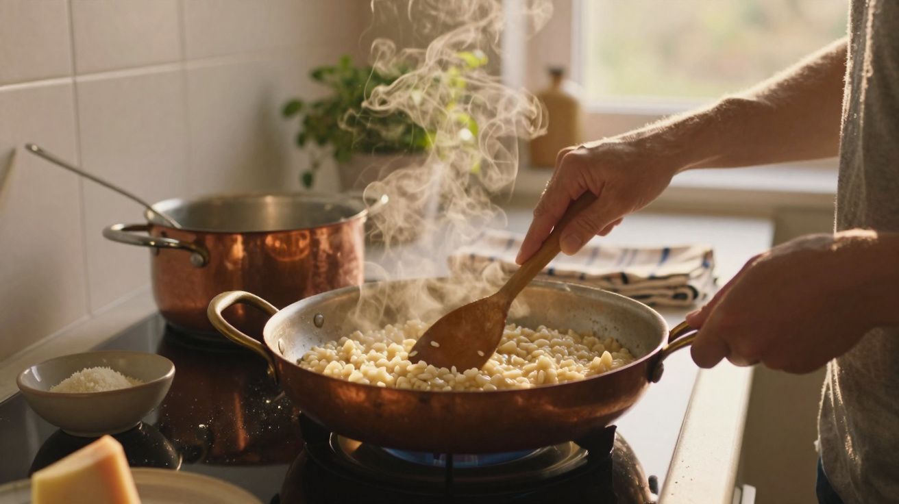 Pessoa a mexer massa a cozinhar numa frigideira de cobre numa cozinha iluminada por luz natural