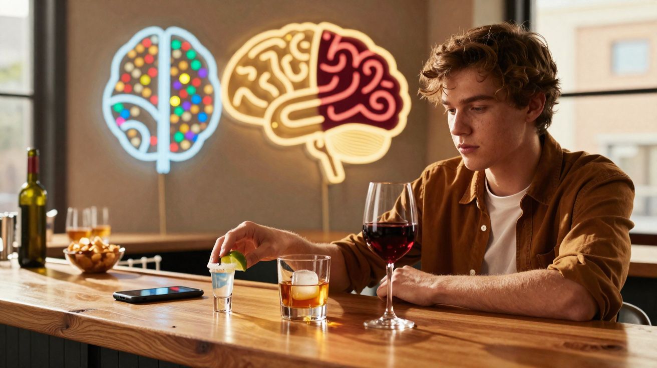 Jovem sentado num bar com três bebidas, luzes de néon em forma de cérebro na parede.