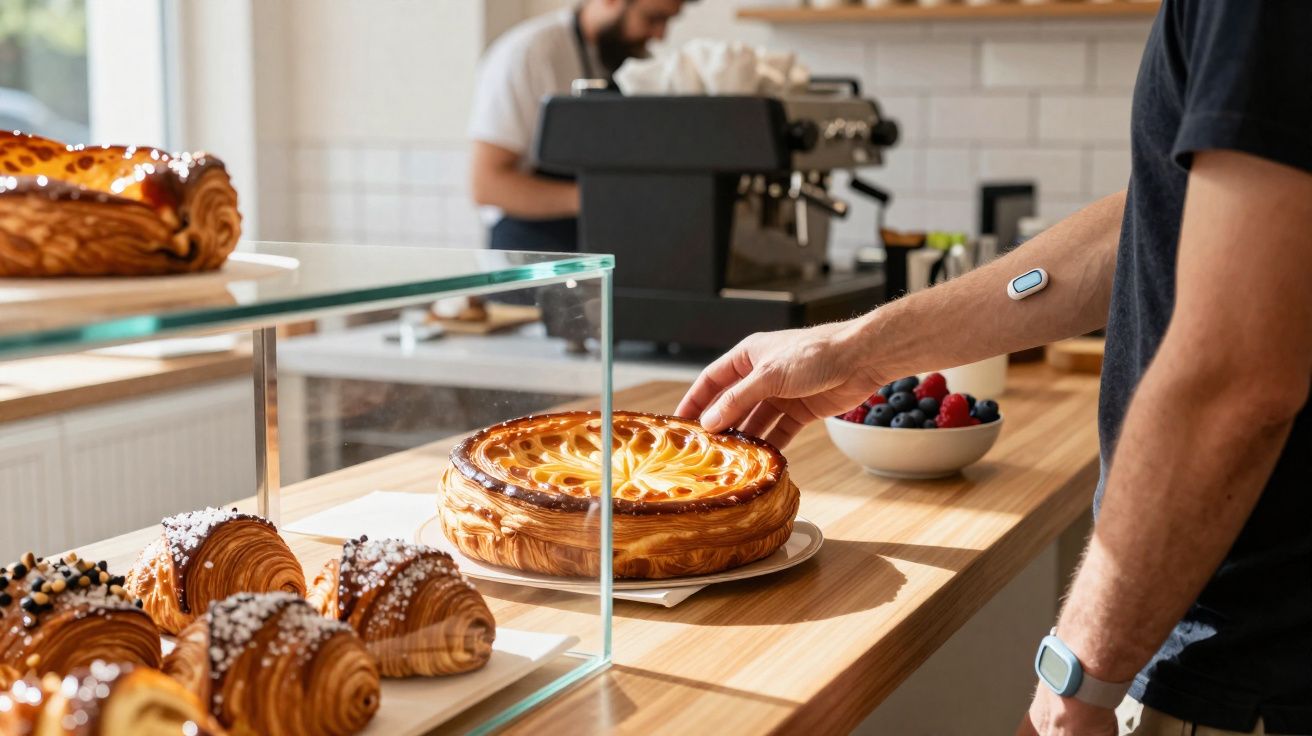 Pessoa a escolher torta numa pastelaria com croissants numa montra de vidro e máquina de café ao fundo.
