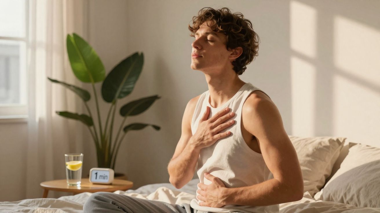 Homem sentado na cama a praticar respiração profunda num quarto iluminado pela luz natural.