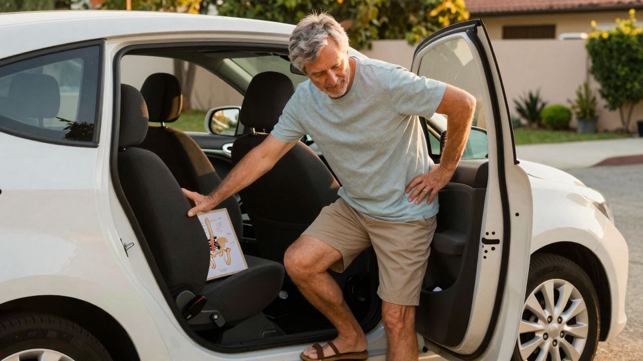 Homem idoso com dor nas costas ao entrar num carro branco com a porta traseira aberta.