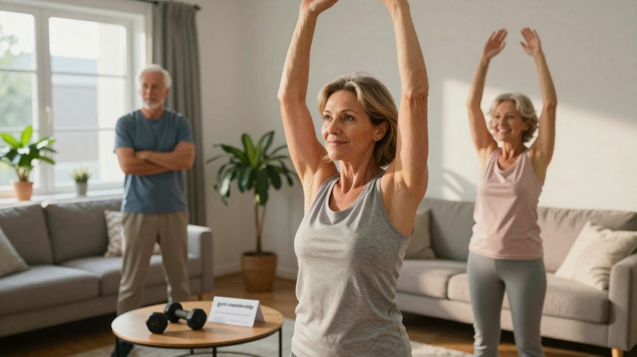 Três idosos a praticar exercício físico em sala de estar com luz natural e plantas no ambiente.