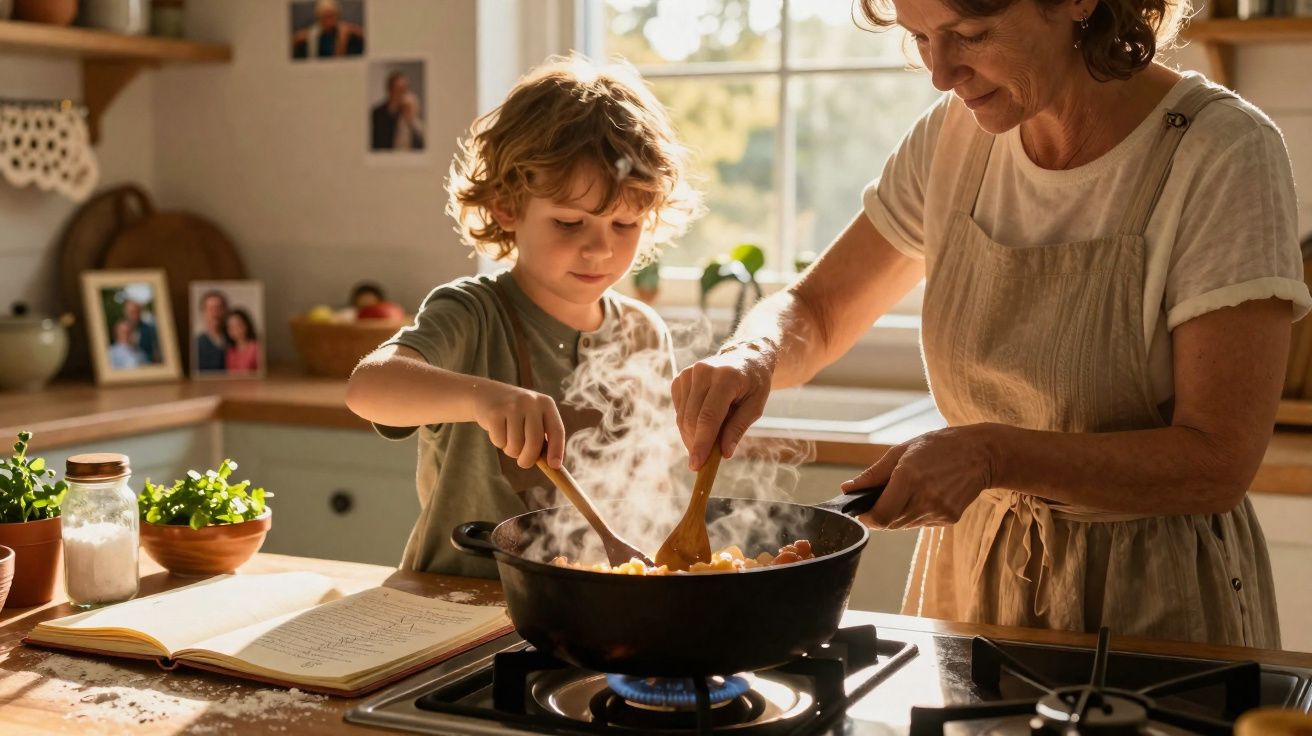 Criança e mulher a cozinhar juntos numa cozinha iluminada, mexendo alimentos numa frigideira ao lume.