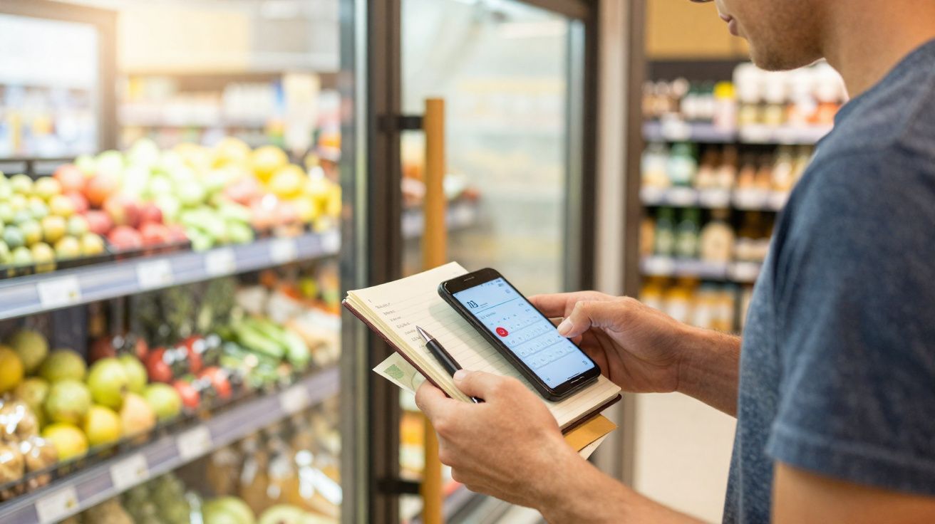 Pessoa a usar smartphone para calcular compras numa lista de supermercado junto às frutas e legumes.