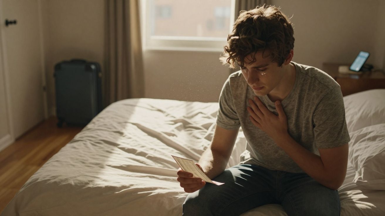 Jovem sentado numa cama, emocionado, a ler uma carta num quarto com luz natural.