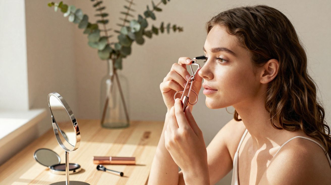 Mulher a usar curvador de pestanas sentada numa secretária de madeira junto a uma janela com plantas ao fundo.